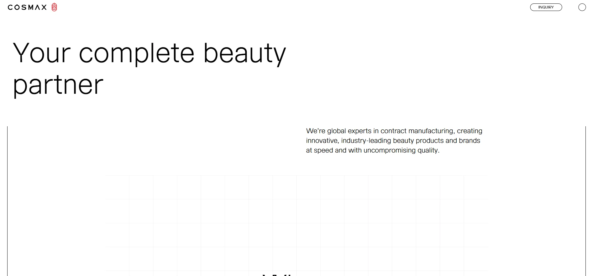 Cosmax branding with the tagline 'Your complete beauty partner' and text about global expertise in contract manufacturing for beauty products.